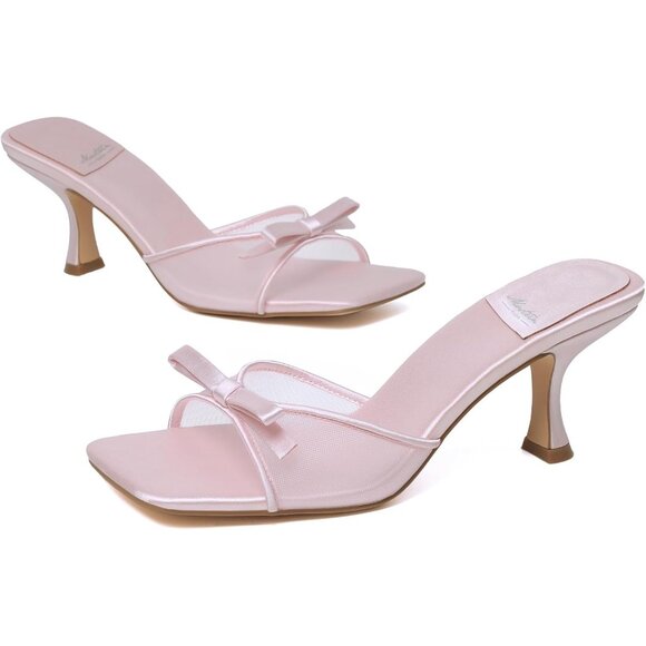 Women's Pink Round Toe Heels With Bow Vintage Mules Sexy Slip on Stiletto - Picture 5 of 9